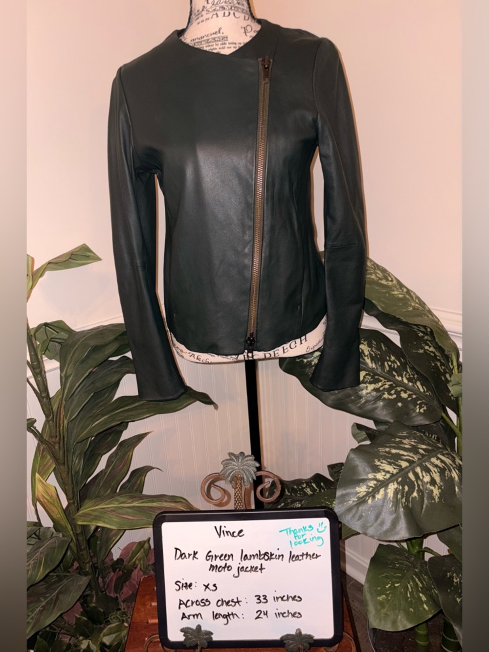 Vince Dark Green Lambskin Leather Moto Jacket